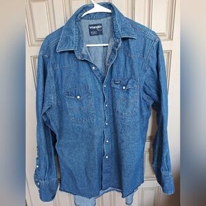 Wrangler Western Style Men's Demin Shirt Sz16.5/34 Snaps Long Sleeves Med Wash
